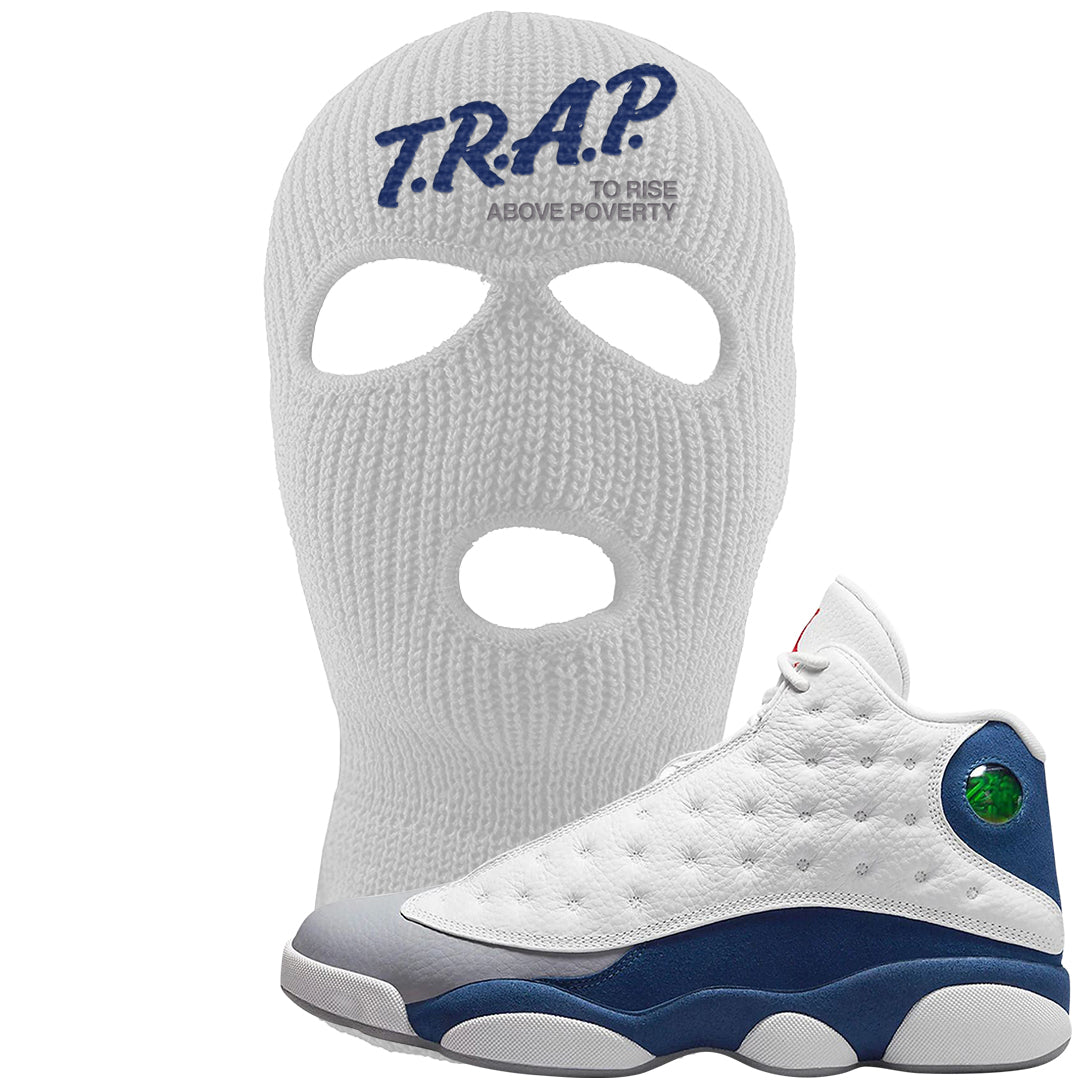 French Blue 13s Ski Mask | Trap To Rise Above Poverty, White
