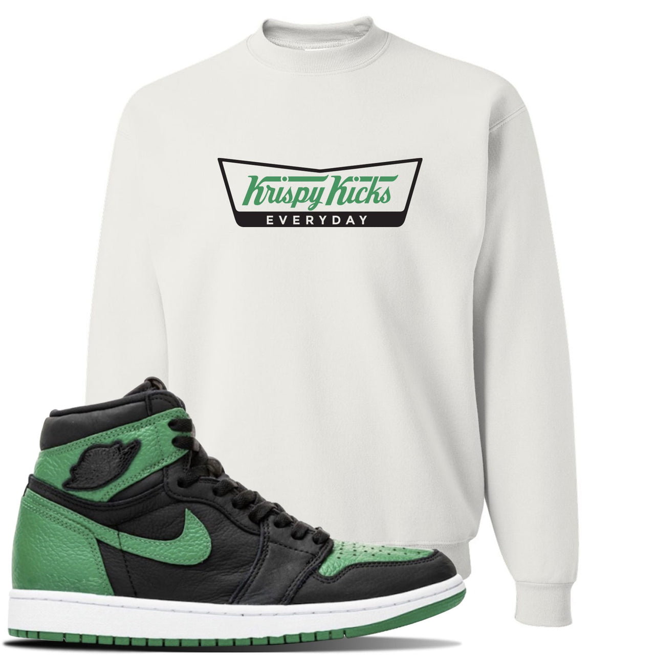 Jordan 1 Retro High OG Pine Green Gym Sneaker White Crewneck Sweatshirt | Crewneck to match Air Jordan 1 Retro High OG Pine Green Gym Shoes | Krispy Kicks