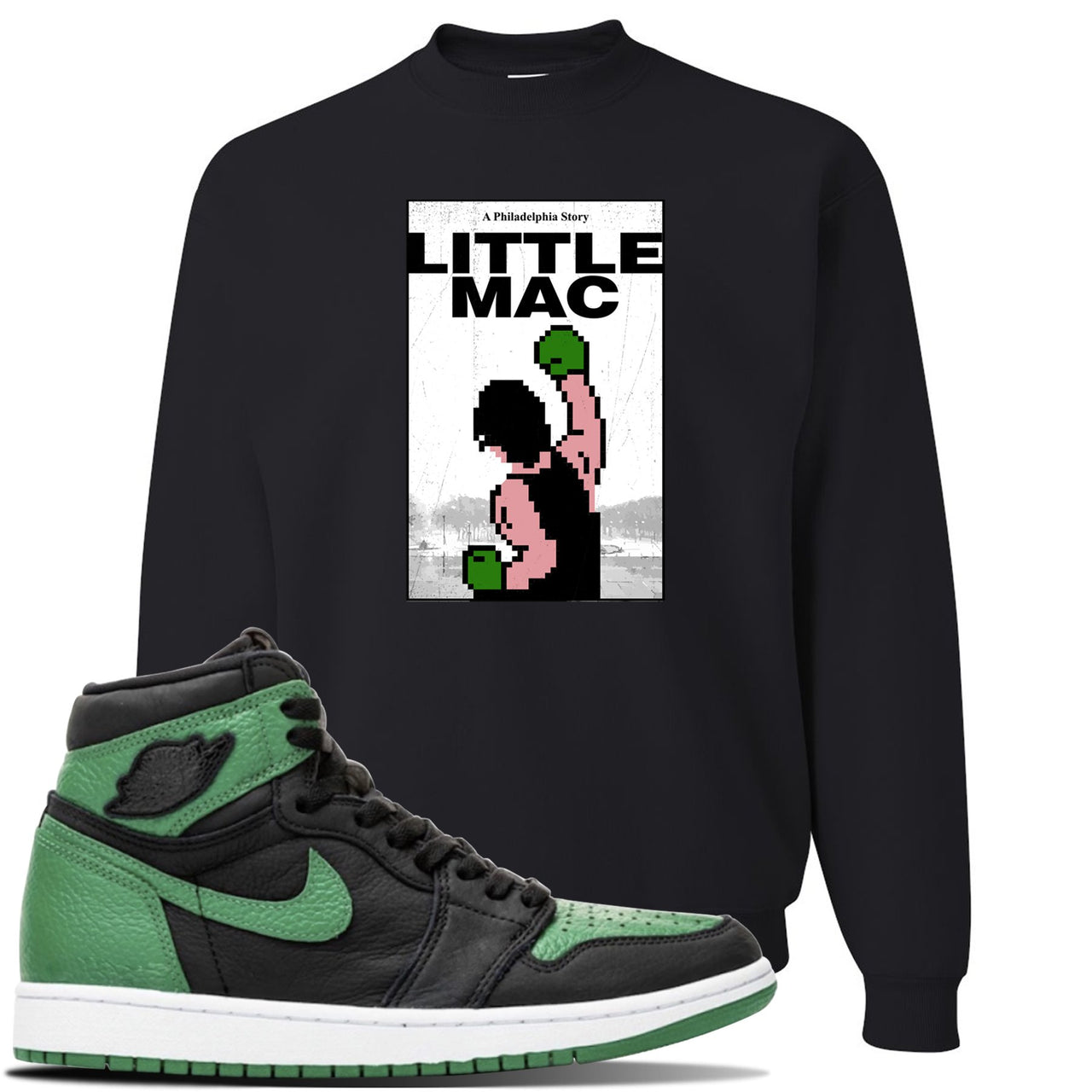 Jordan 1 Retro High OG Pine Green Gym Sneaker Black Crewneck Sweatshirt | Crewneck to match Air Jordan 1 Retro High OG Pine Green Gym Shoes | Little Mac A Philly Story