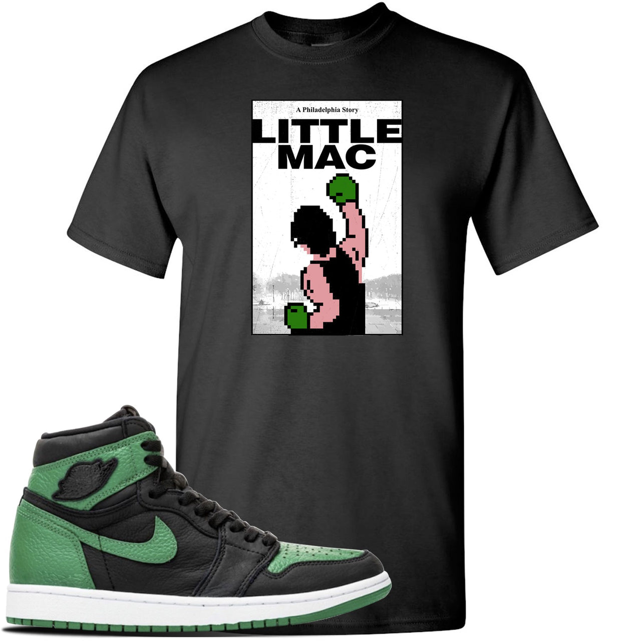 Jordan 1 Retro High OG Pine Green Gym Sneaker Black T Shirt | Tees to match Air Jordan 1 Retro High OG Pine Green Gym Shoes | Little Mac A Philly Story