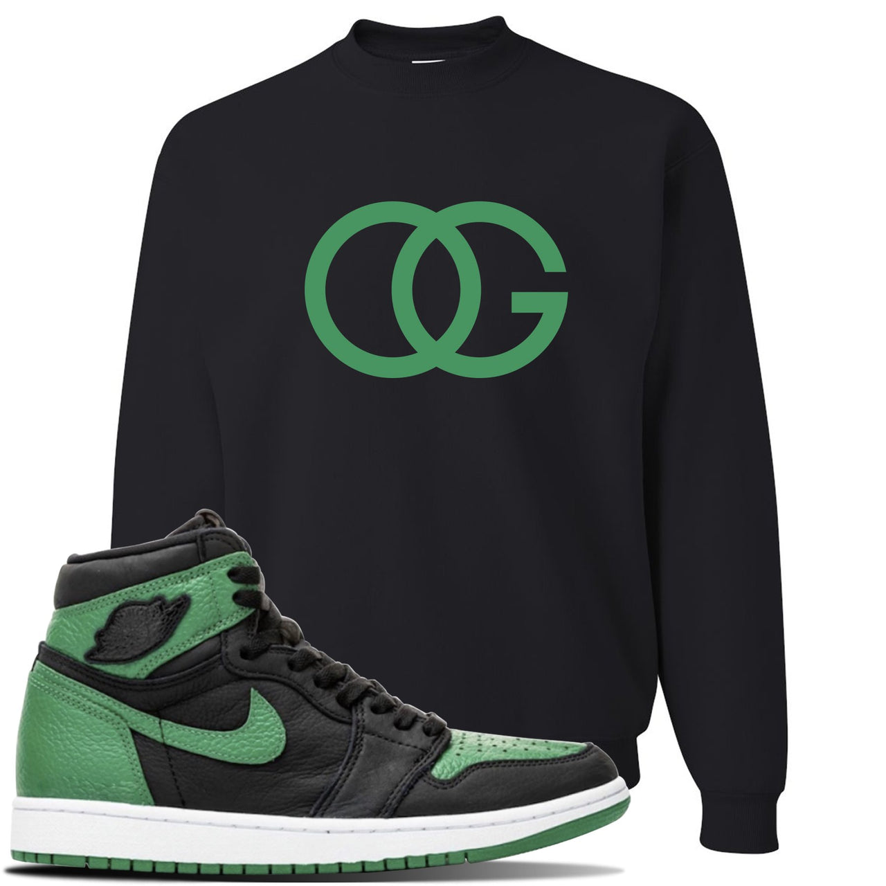 Jordan 1 Retro High OG Pine Green Gym Sneaker Black Crewneck Sweatshirt | Crewneck to match Air Jordan 1 Retro High OG Pine Green Gym Shoes | OG