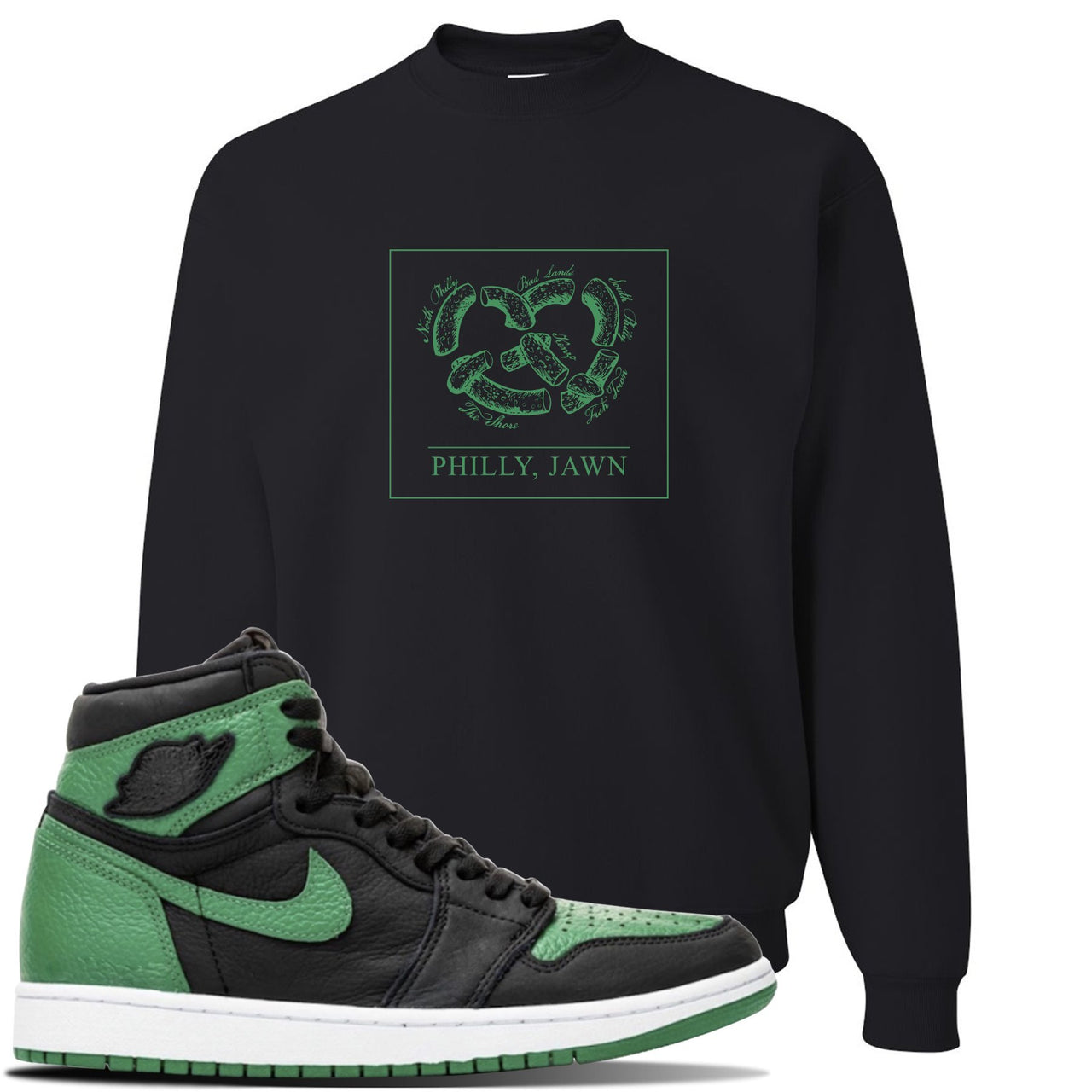 Jordan 1 Retro High OG Pine Green Gym Sneaker Black Crewneck Sweatshirt | Crewneck to match Air Jordan 1 Retro High OG Pine Green Gym Shoes | Philly Pretzel