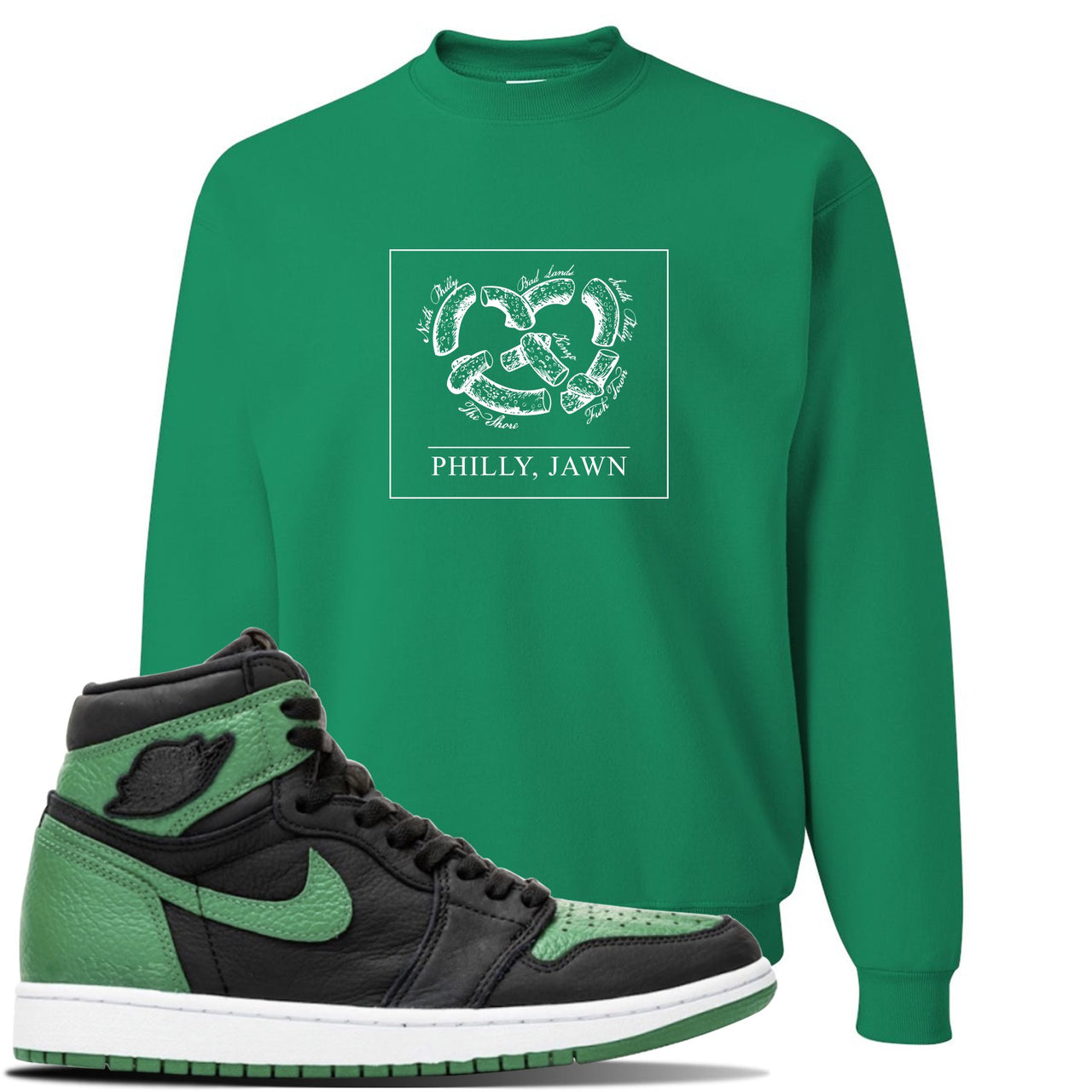 Jordan 1 Retro High OG Pine Green Gym Sneaker Kelly Green Crewneck Sweatshirt | Crewneck to match Air Jordan 1 Retro High OG Pine Green Gym Shoes | Philly Pretzel