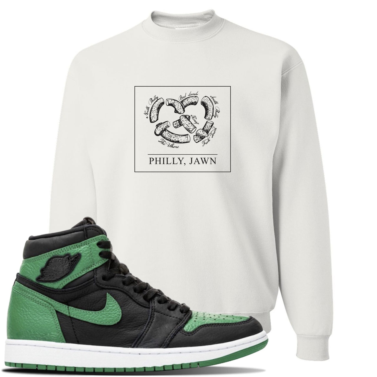 Jordan 1 Retro High OG Pine Green Gym Sneaker White Crewneck Sweatshirt | Crewneck to match Air Jordan 1 Retro High OG Pine Green Gym Shoes | Philly Pretzel