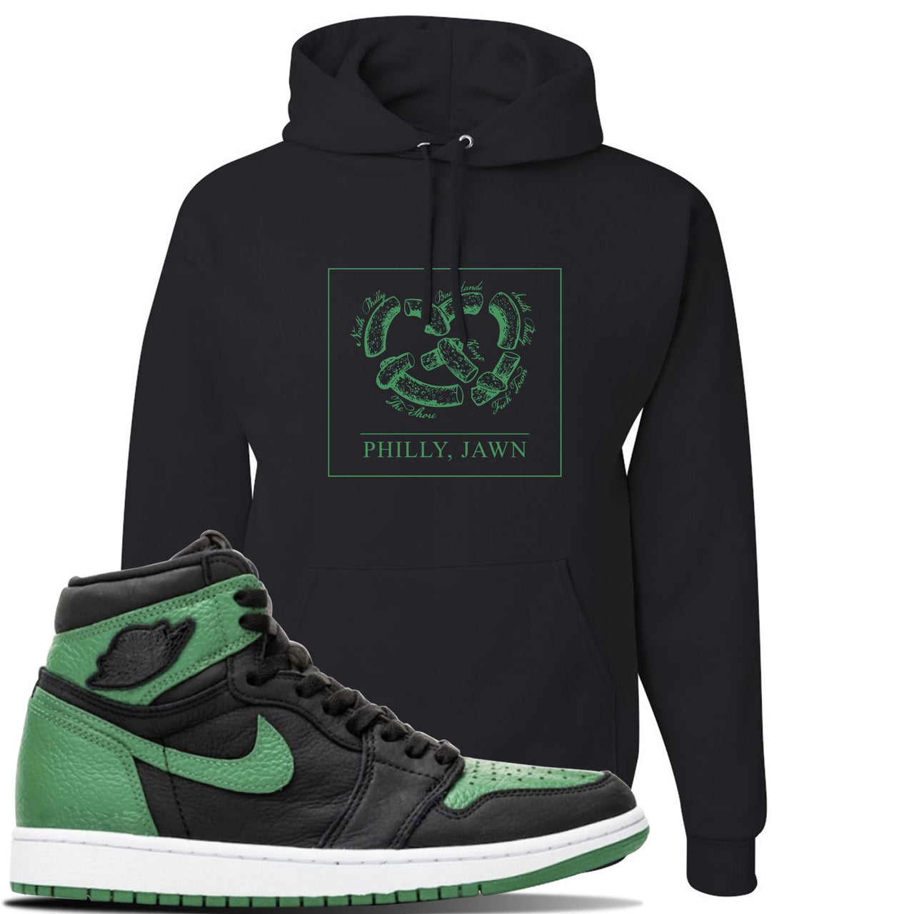 Jordan 1 Retro High OG Pine Green Gym Sneaker Black Pullover Hoodie | Hoodie to match Air Jordan 1 Retro High OG Pine Green Gym Shoes | Philly Pretzel