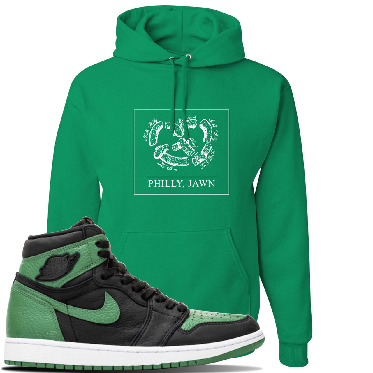 Jordan 1 Retro High OG Pine Green Gym Sneaker Kelly Green Pullover Hoodie | Hoodie to match Air Jordan 1 Retro High OG Pine Green Gym Shoes | Philly Pretzel