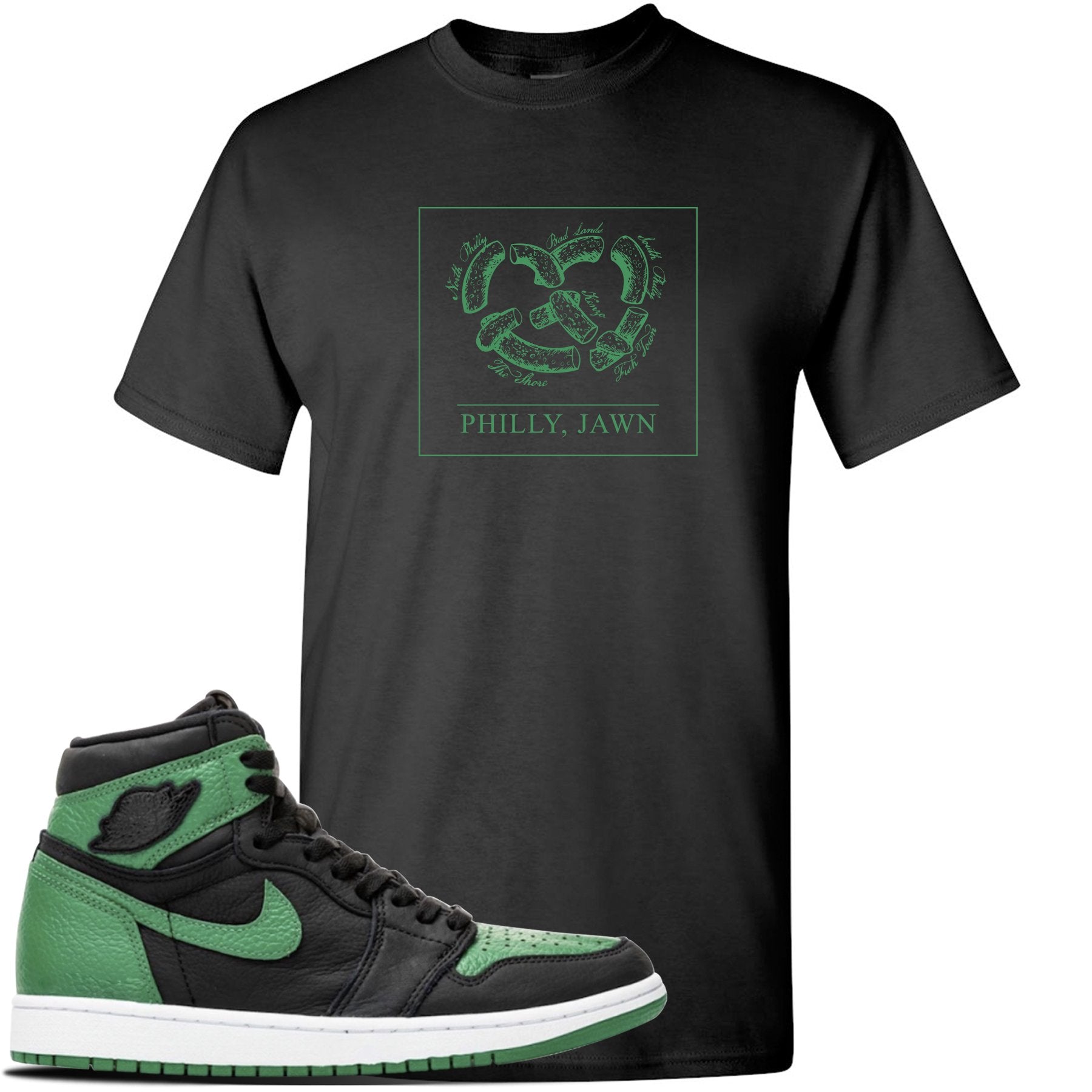 Jordan 1 Retro High OG Pine Green Gym Sneaker Black T Shirt | Tees to match Air Jordan 1 Retro High OG Pine Green Gym Shoes | Philly Pretzel