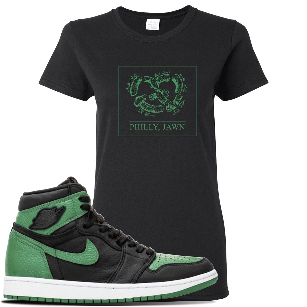 Jordan 1 Retro High OG Pine Green Gym Sneaker Black Women's T Shirt | Women's Tees to match Air Jordan 1 Retro High OG Pine Green Gym Shoes | Philly Pretzel