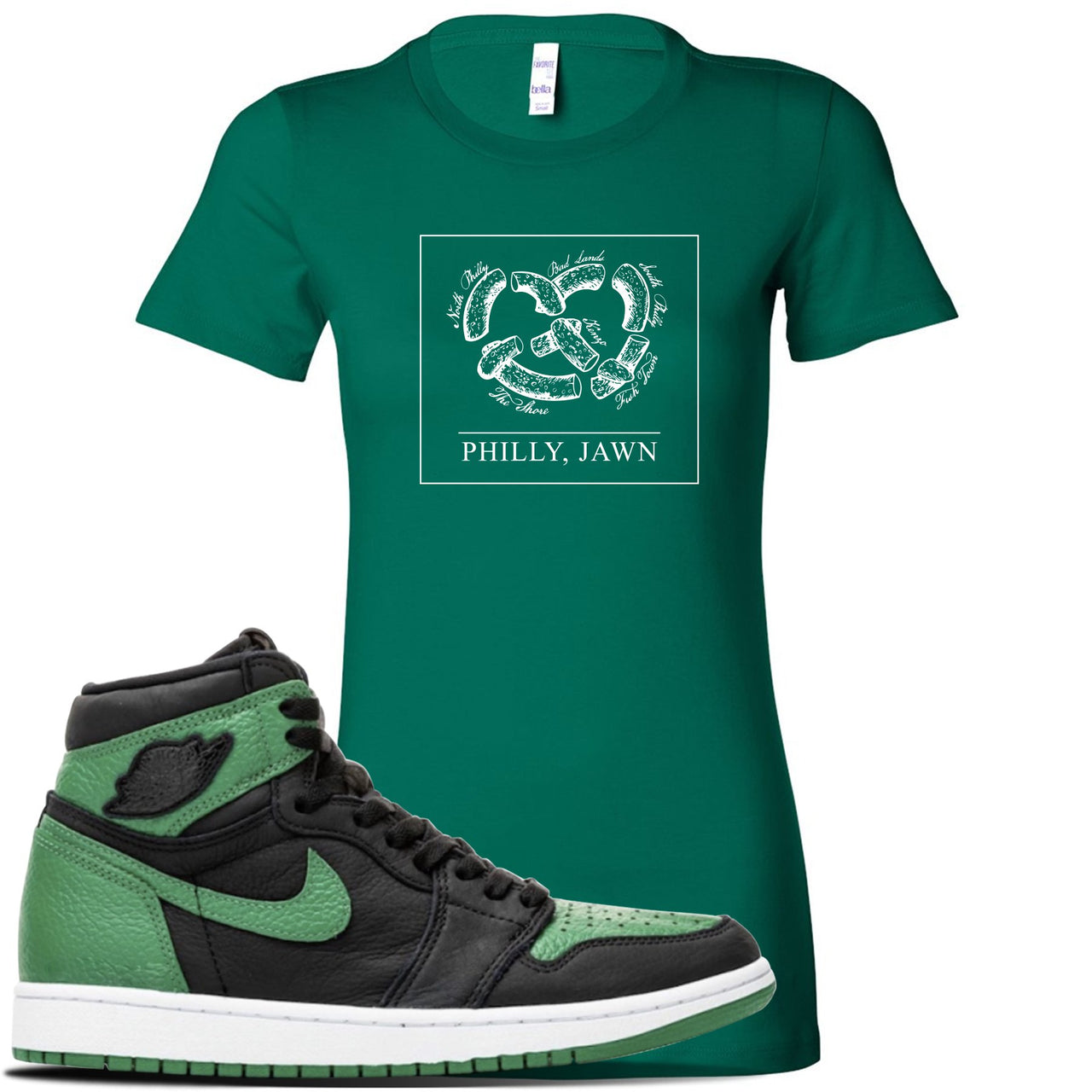 Jordan 1 Retro High OG Pine Green Gym Sneaker Kelly Green Women's T Shirt | Women's Tees to match Air Jordan 1 Retro High OG Pine Green Gym Shoes | Philly Pretzel