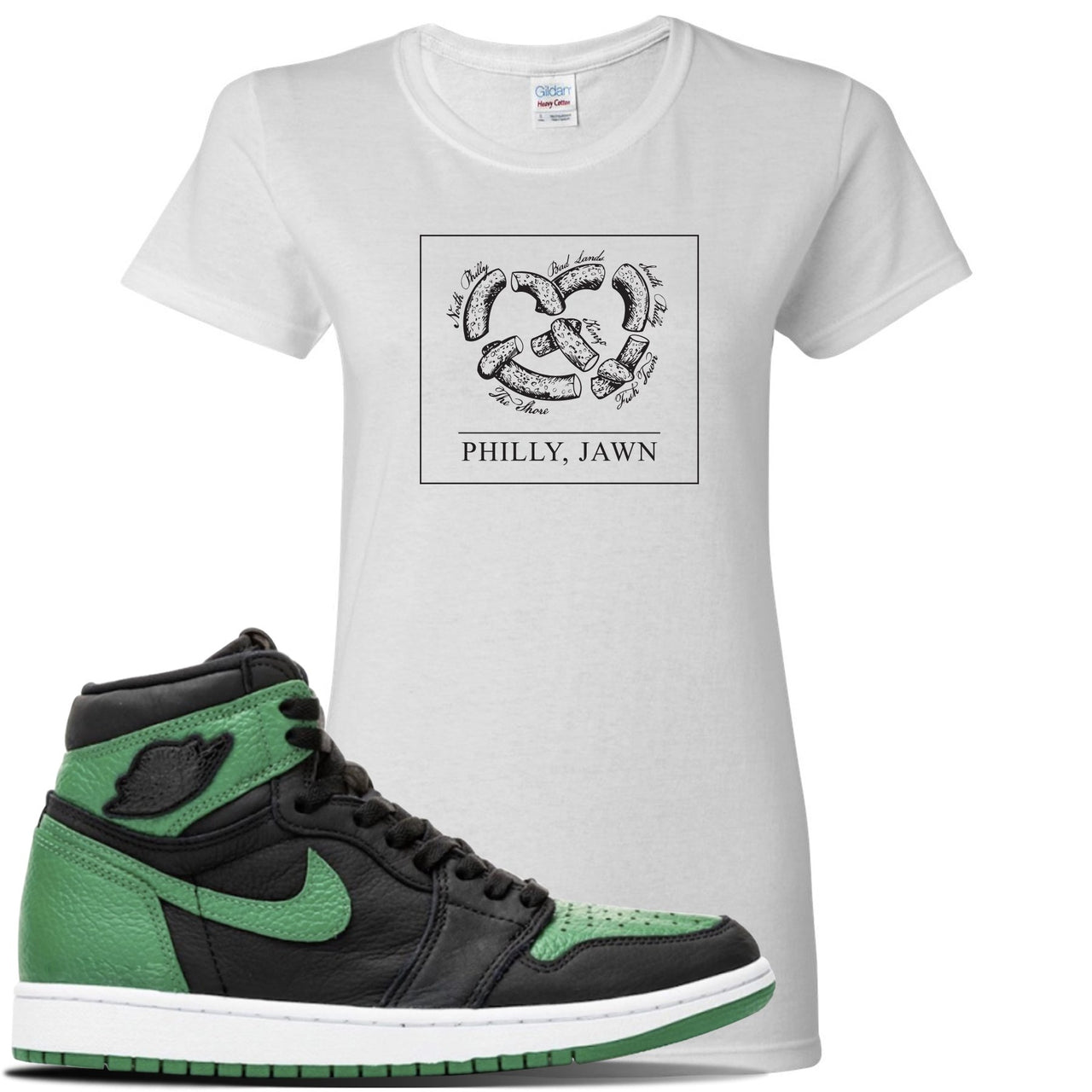 Jordan 1 Retro High OG Pine Green Gym Sneaker White Women's T Shirt | Women's Tees to match Air Jordan 1 Retro High OG Pine Green Gym Shoes | Philly Pretzel