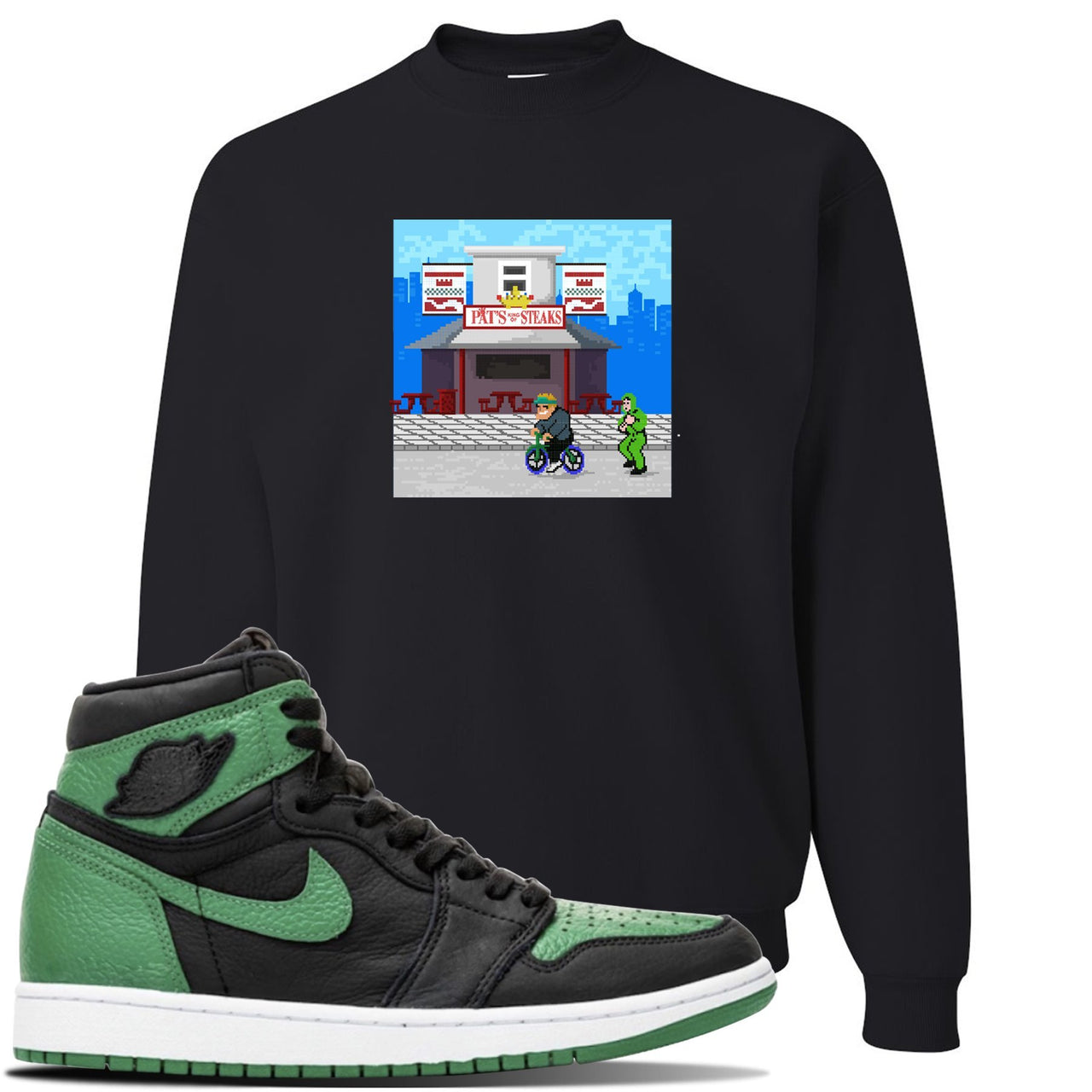 Jordan 1 Retro High OG Pine Green Gym Sneaker Black Crewneck Sweatshirt | Crewneck to match Air Jordan 1 Retro High OG Pine Green Gym Shoes | Pats Steak Little Mac