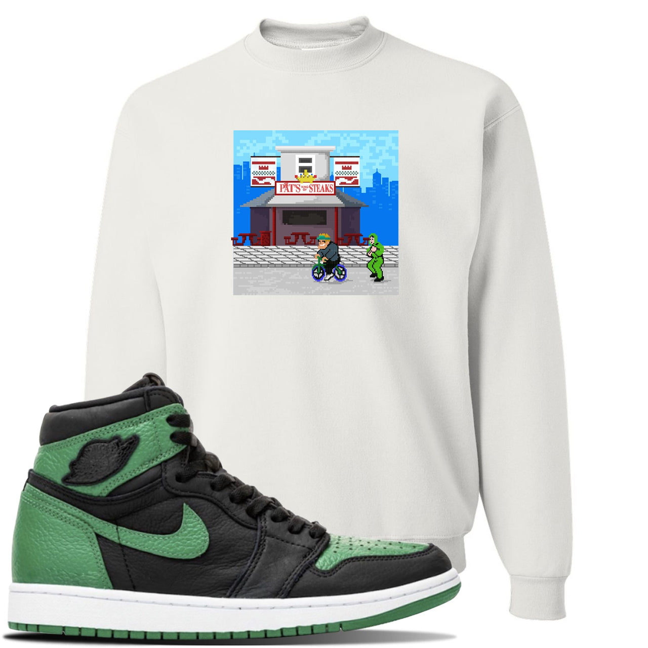 Jordan 1 Retro High OG Pine Green Gym Sneaker White Crewneck Sweatshirt | Crewneck to match Air Jordan 1 Retro High OG Pine Green Gym Shoes | Pats Steak Little Mac