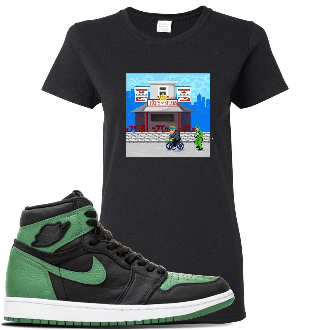 Jordan 1 Retro High OG Pine Green Gym Sneaker Black Women's T Shirt | Women's Tees to match Air Jordan 1 Retro High OG Pine Green Gym Shoes | Pats Steak Little Mac