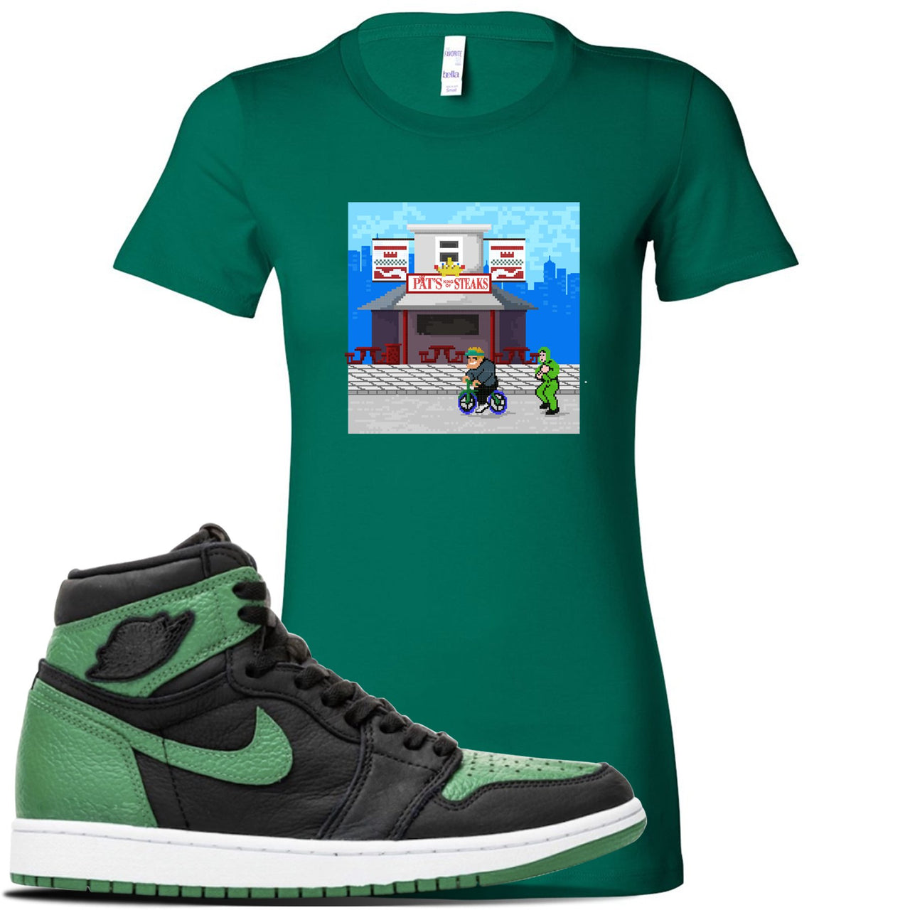 Pine Green Gym OG Retro High 1s Sneaker Kelly Green Women's T Shirt | Women's Tees to match Pine Green Gym OG Retro High 1s Shoes | Pats Steak Little Mac