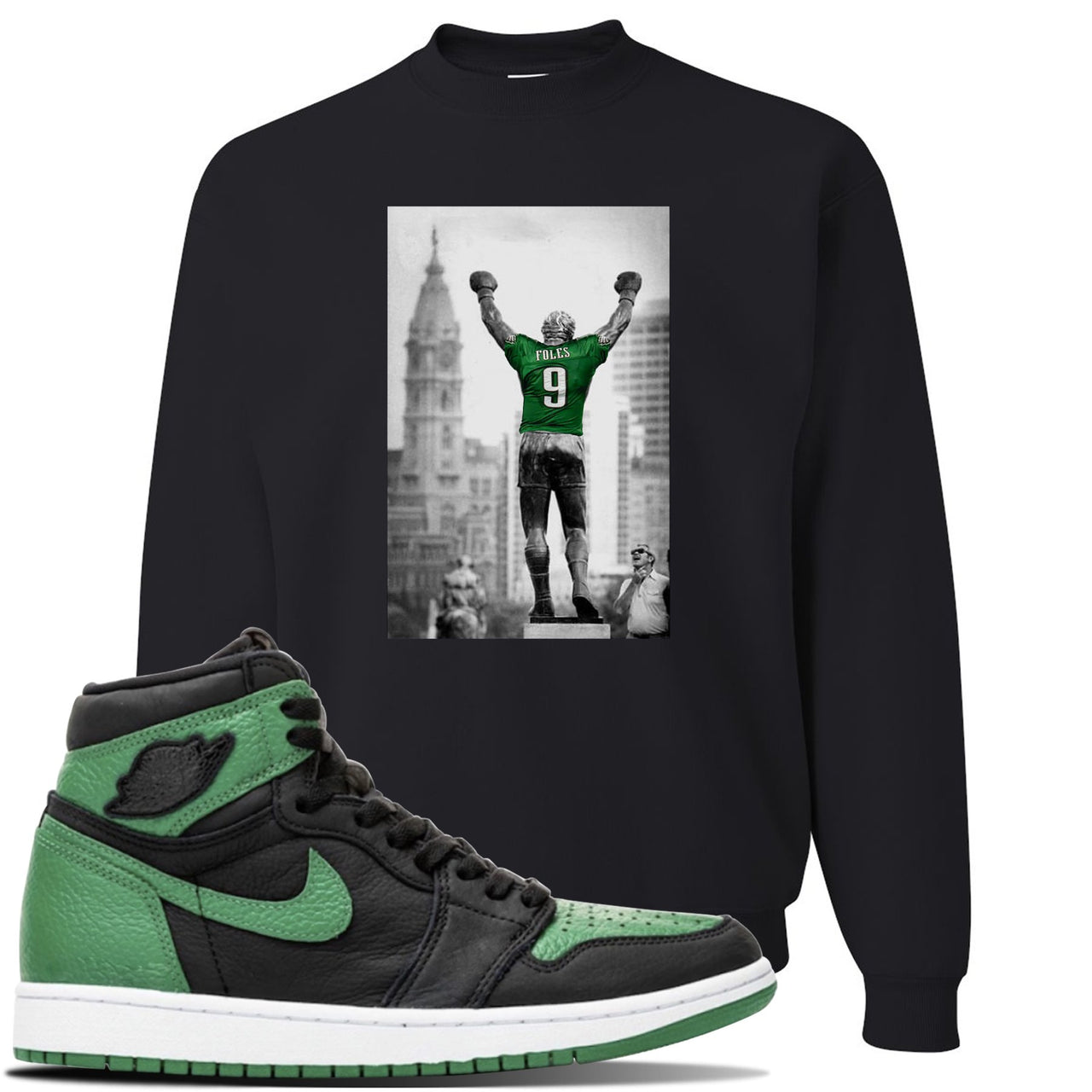 Jordan 1 Retro High OG Pine Green Gym Sneaker Black Crewneck Sweatshirt | Crewneck to match Air Jordan 1 Retro High OG Pine Green Gym Shoes | Rocky Foles