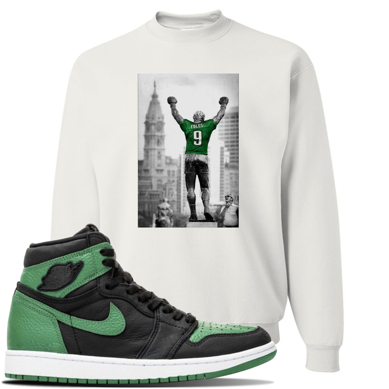 Jordan 1 Retro High OG Pine Green Gym Sneaker White Crewneck Sweatshirt | Crewneck to match Air Jordan 1 Retro High OG Pine Green Gym Shoes | Rocky Foles