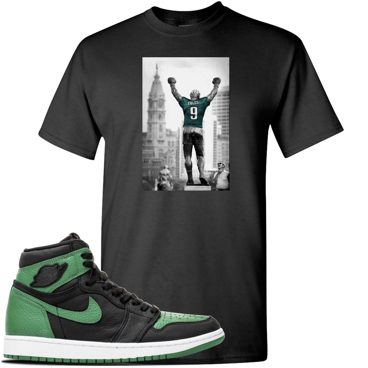 Jordan 1 Retro High OG Pine Green Gym Sneaker Black T Shirt | Tees to match Air Jordan 1 Retro High OG Pine Green Gym Shoes | Rocky Foles