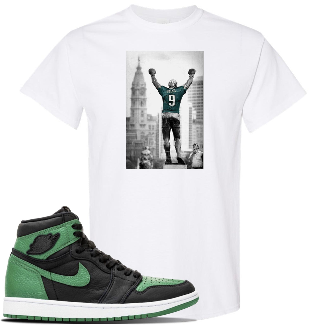 Jordan 1 Retro High OG Pine Green Gym Sneaker White T Shirt | Tees to match Air Jordan 1 Retro High OG Pine Green Gym Shoes | Rocky Foles