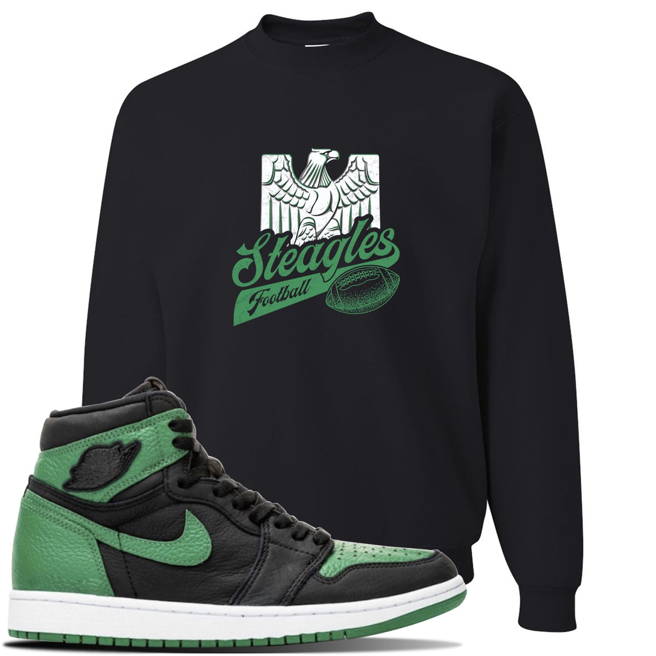 Jordan 1 Retro High OG Pine Green Gym Sneaker Black Crewneck Sweatshirt | Crewneck to match Air Jordan 1 Retro High OG Pine Green Gym Shoes | Steagles