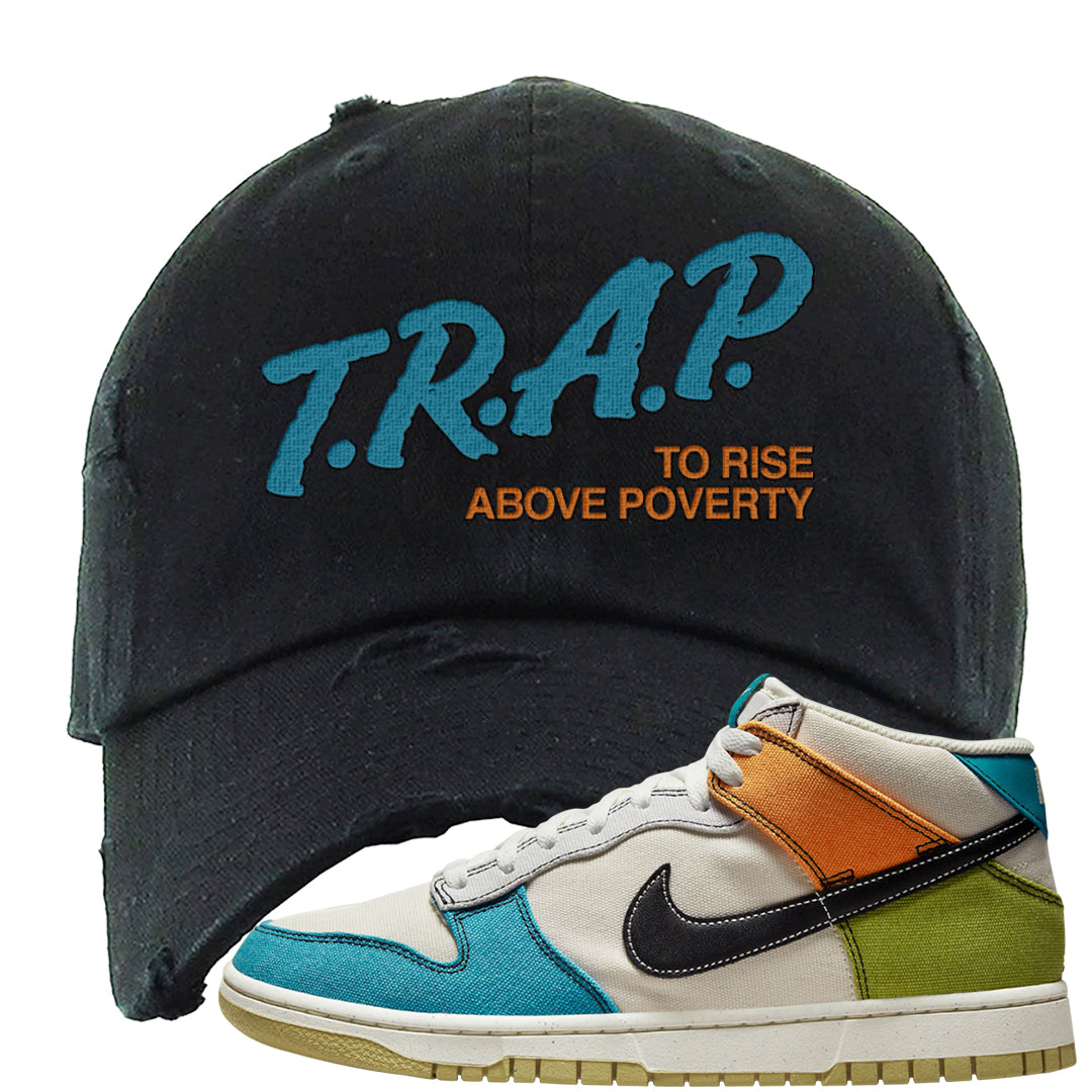Pale Ivory Dunk Mid Distressed Dad Hat | Trap To Rise Above Poverty, Black