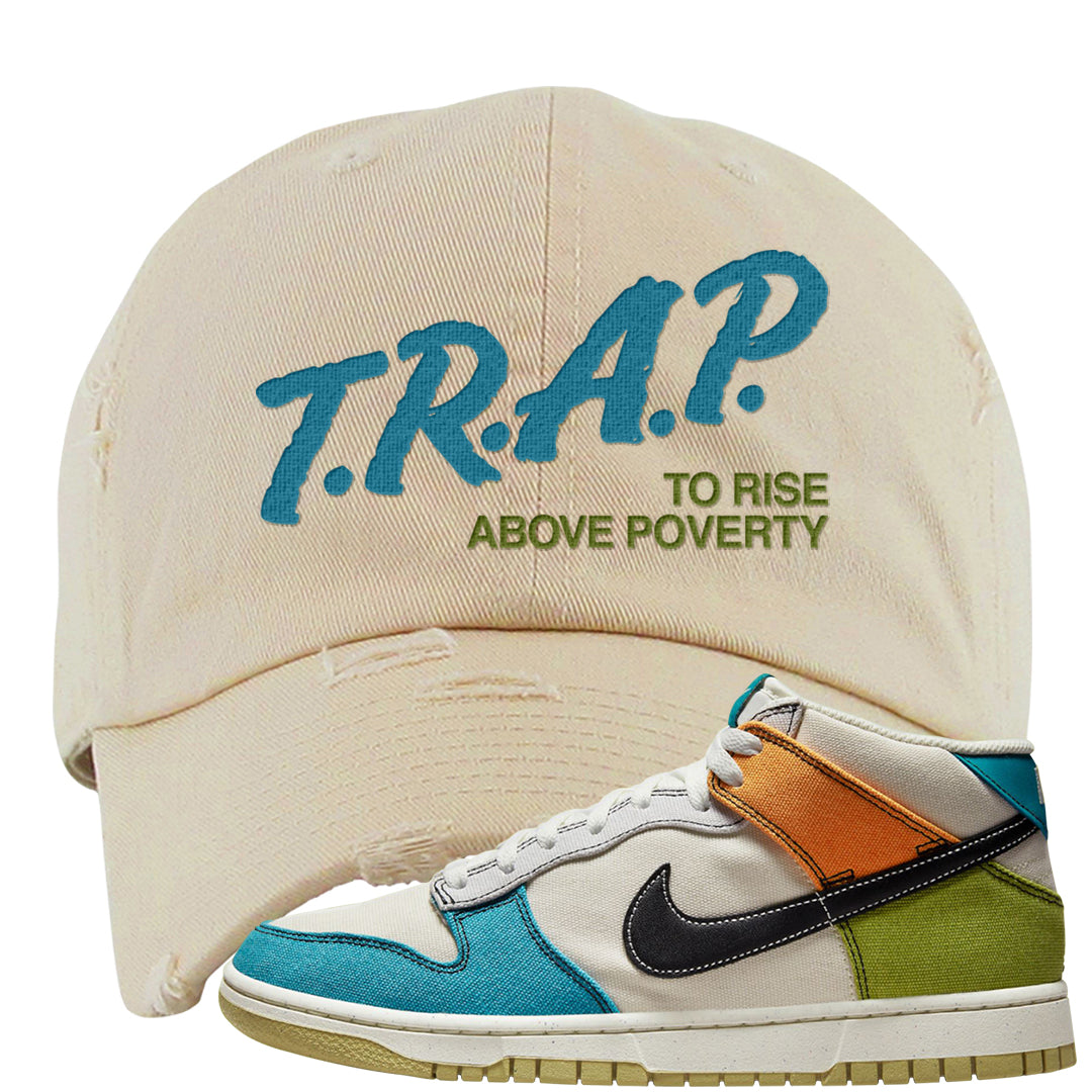 Pale Ivory Dunk Mid Distressed Dad Hat | Trap To Rise Above Poverty, Ivory