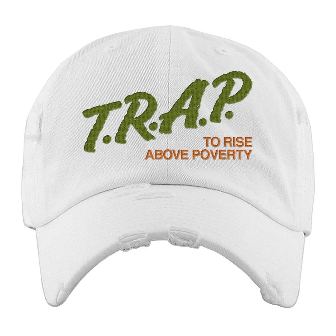 Pale Ivory Dunk Mid Distressed Dad Hat | Trap To Rise Above Poverty, White