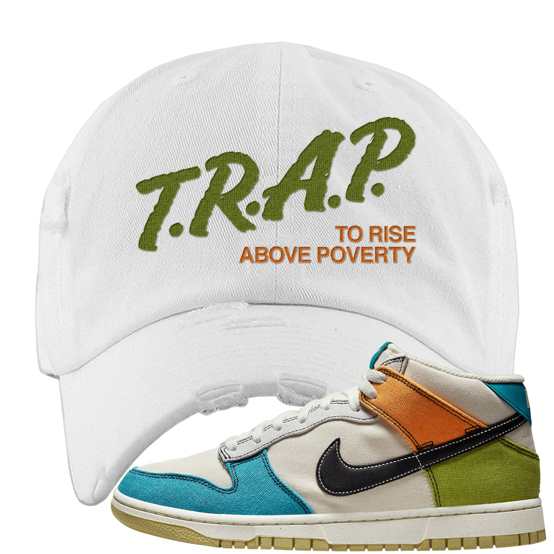 Pale Ivory Dunk Mid Distressed Dad Hat | Trap To Rise Above Poverty, White