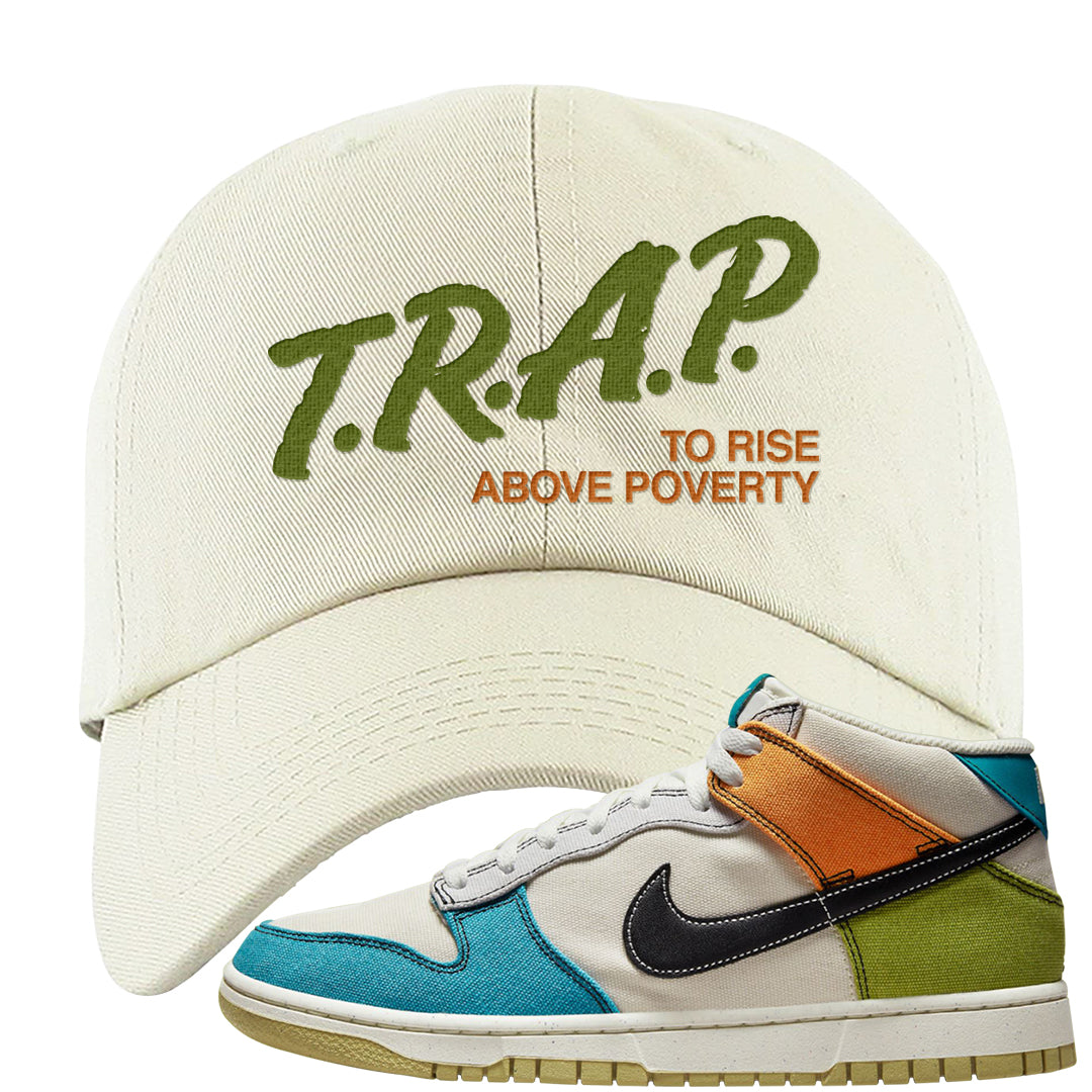 Pale Ivory Dunk Mid Dad Hat | Trap To Rise Above Poverty, White