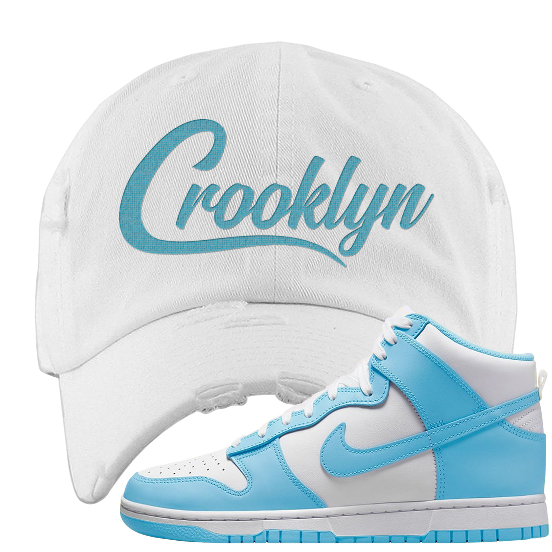 Blue Chill High Dunks Distressed Dad Hat | Crooklyn, White