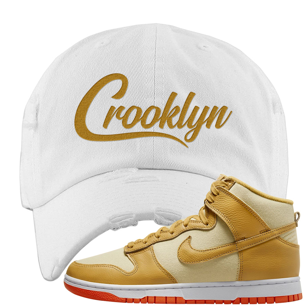 Wheat Gold High Dunks Distressed Dad Hat | Crooklyn, White