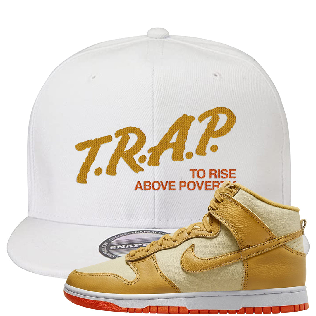 Wheat Gold High Dunks Snapback Hat | Trap To Rise Above Poverty, White
