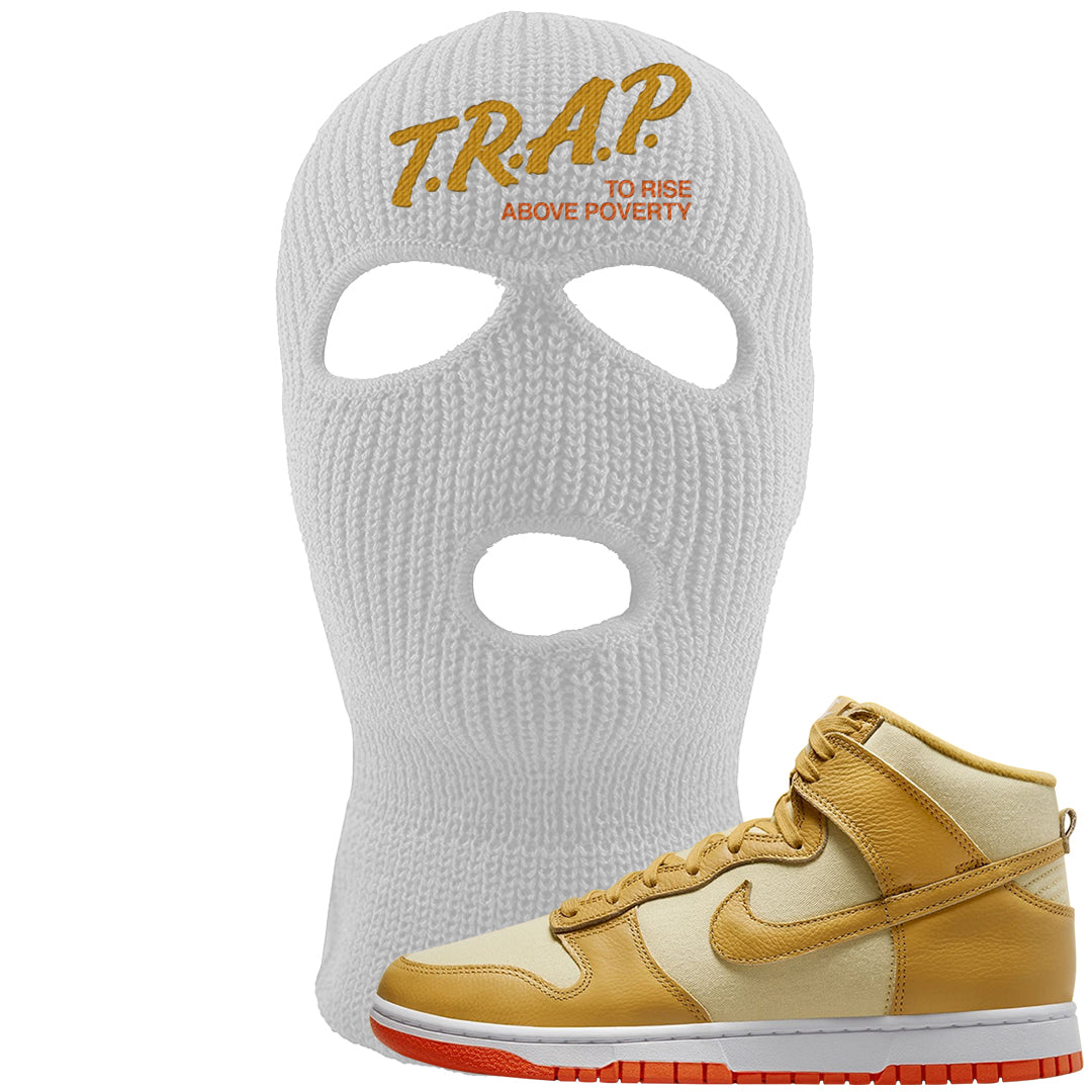 Wheat Gold High Dunks Ski Mask | Trap To Rise Above Poverty, White