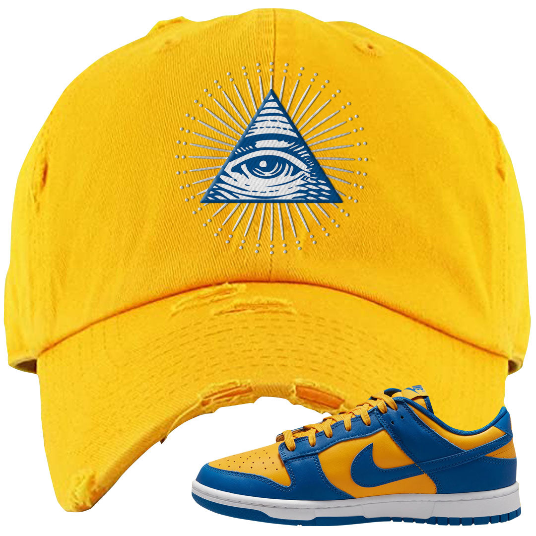 Blue Yellow White Low Dunks Distressed Dad Hat | All Seeing Eye, Gold