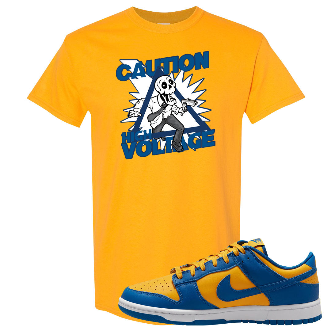 Blue Yellow White Low Dunks T Shirt | Caution High Voltage, Gold