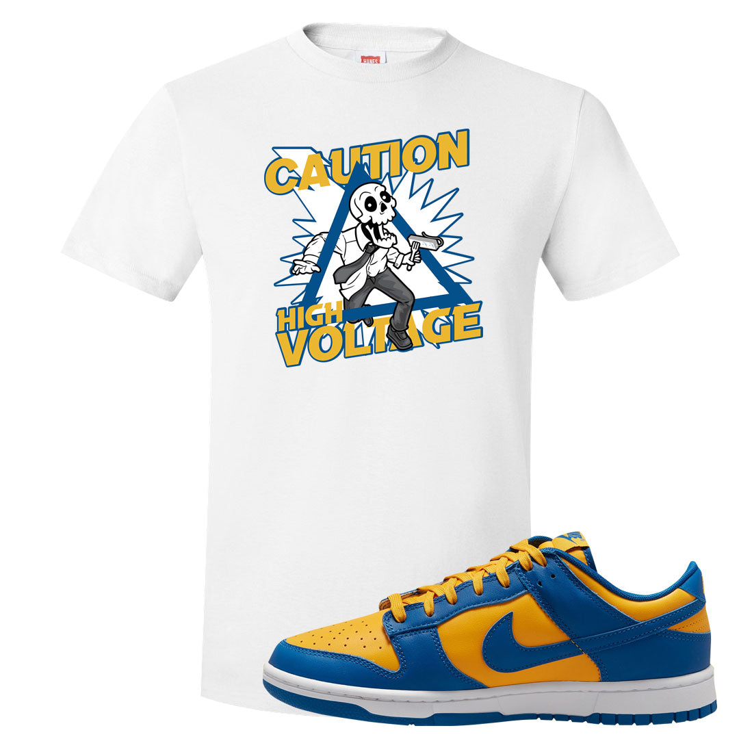 Blue Yellow White Low Dunks T Shirt | Caution High Voltage, White