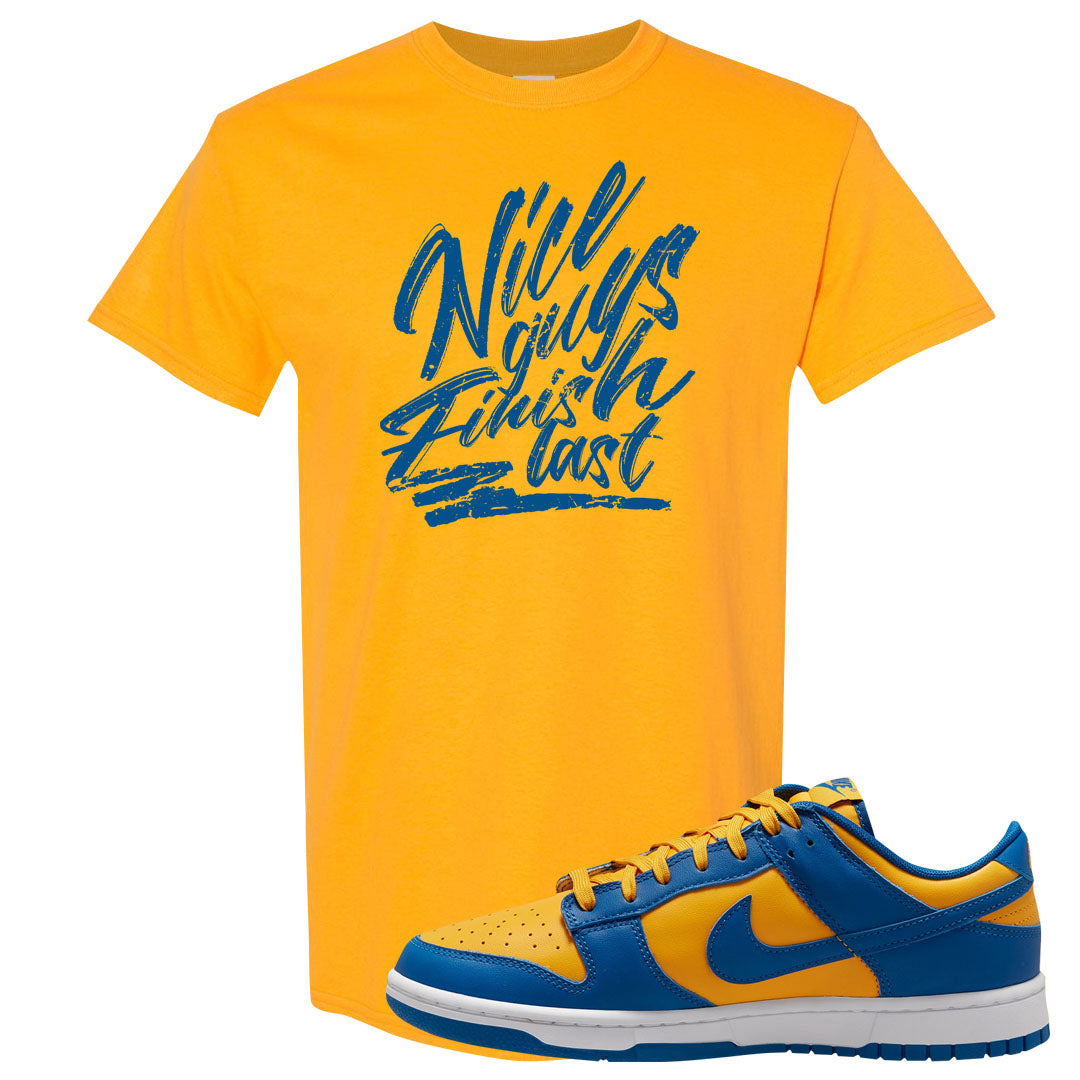 Blue Yellow White Low Dunks T Shirt | Nice Guys Finish Last, Gold