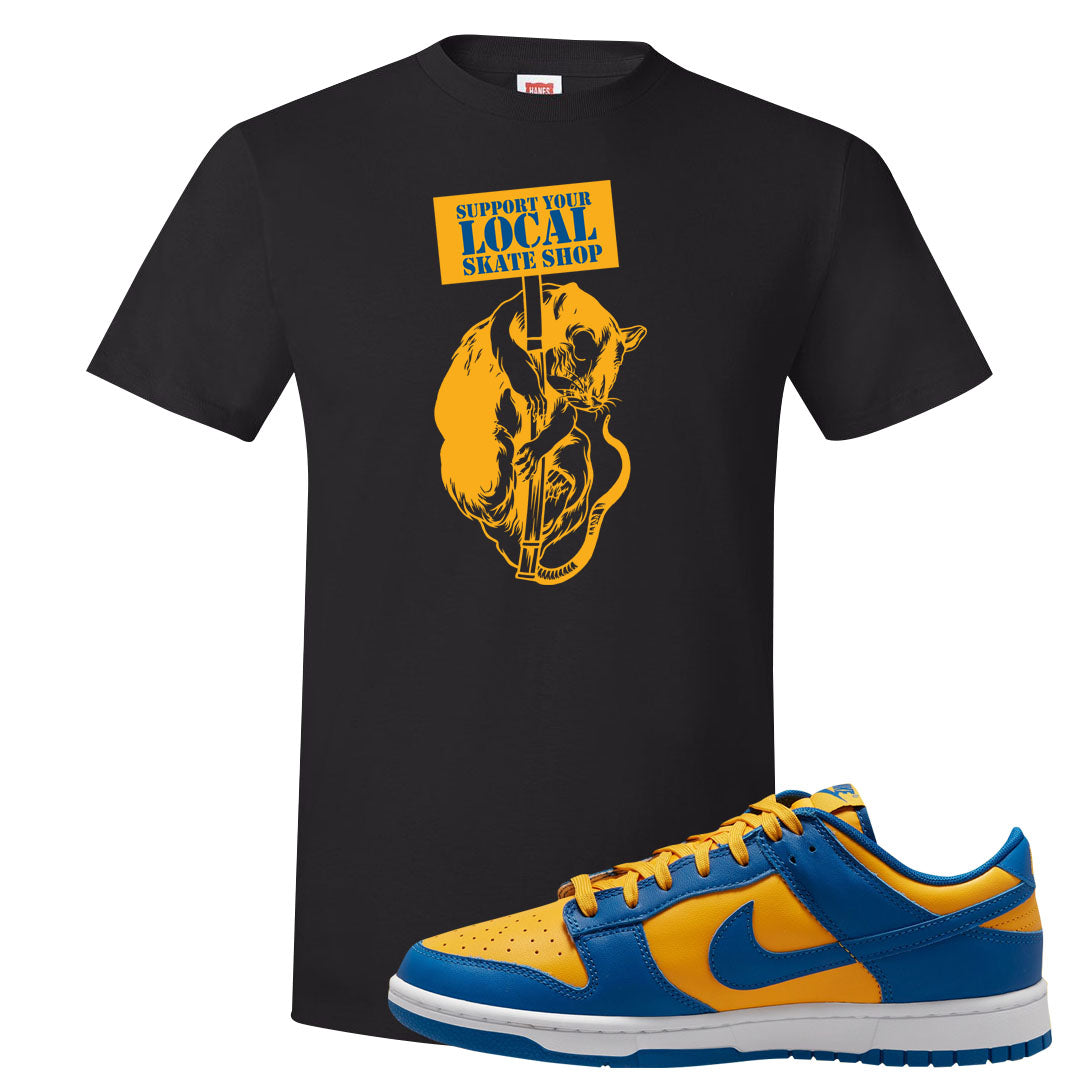 Blue Yellow White Low Dunks T Shirt | Support Your Local Skate Shop, Black