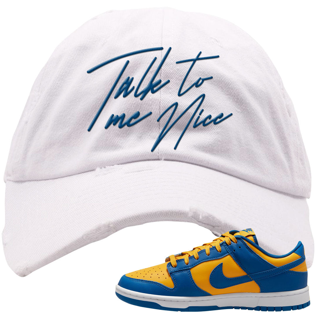 Blue Yellow White Low Dunks Distressed Dad Hat | Talk To Me Nice, White