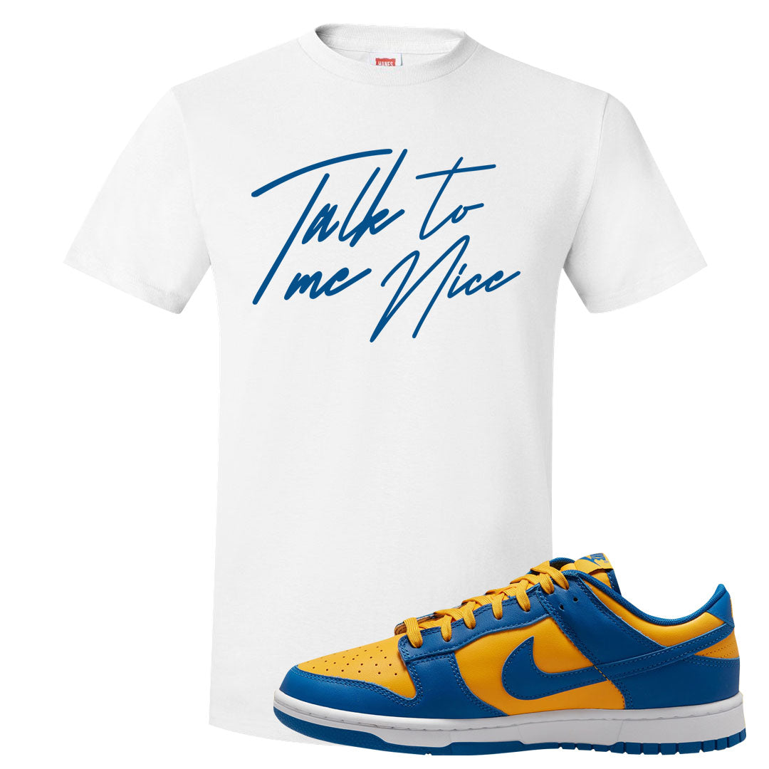 Blue Yellow White Low Dunks T Shirt | Talk To Me Nice, White