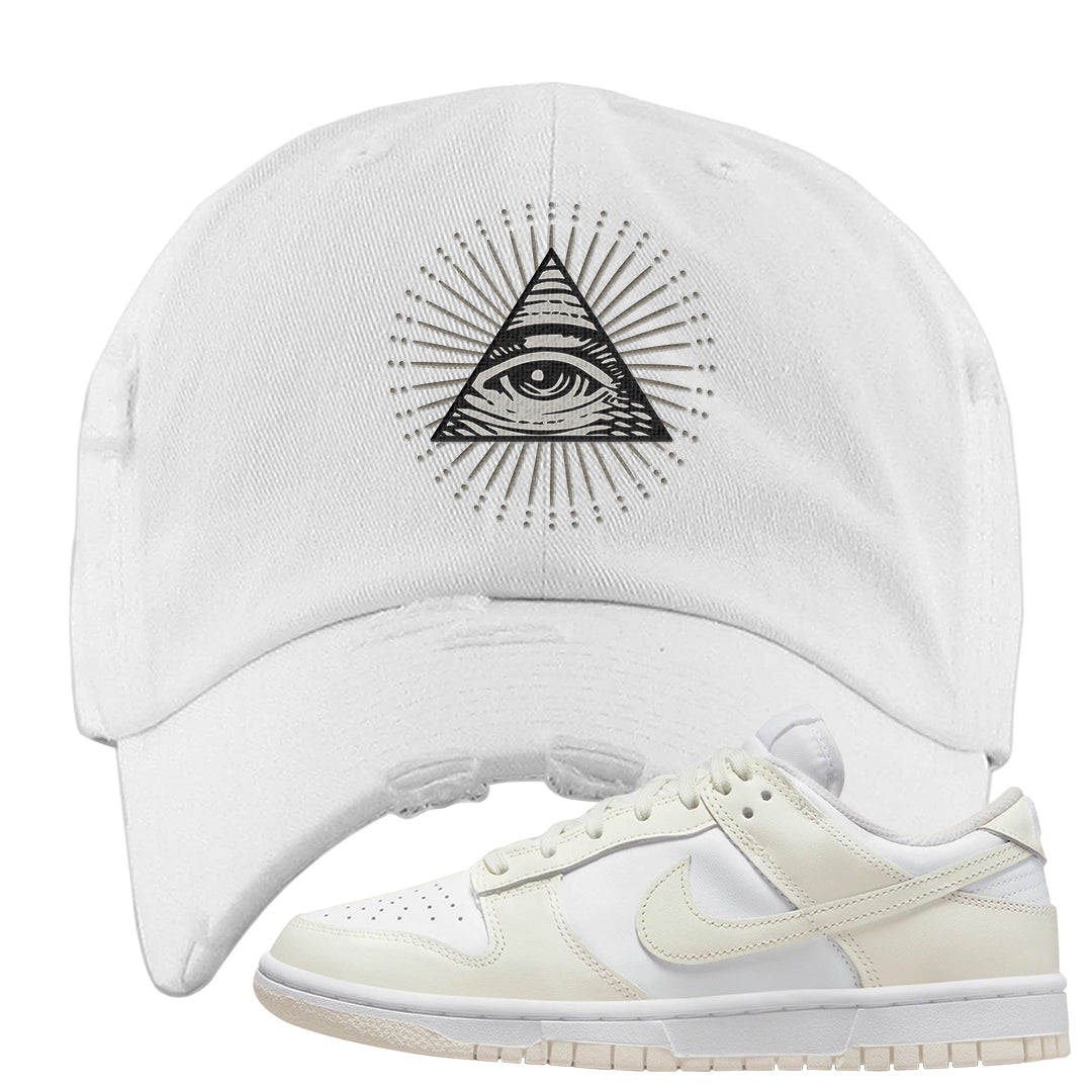 Coconut Milk Low Dunks Distressed Dad Hat | All Seeing Eye, White