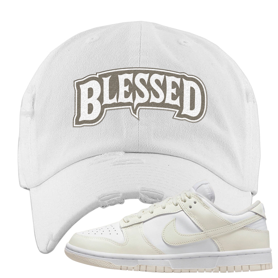 Coconut Milk Low Dunks Distressed Dad Hat | Blessed Arch, White