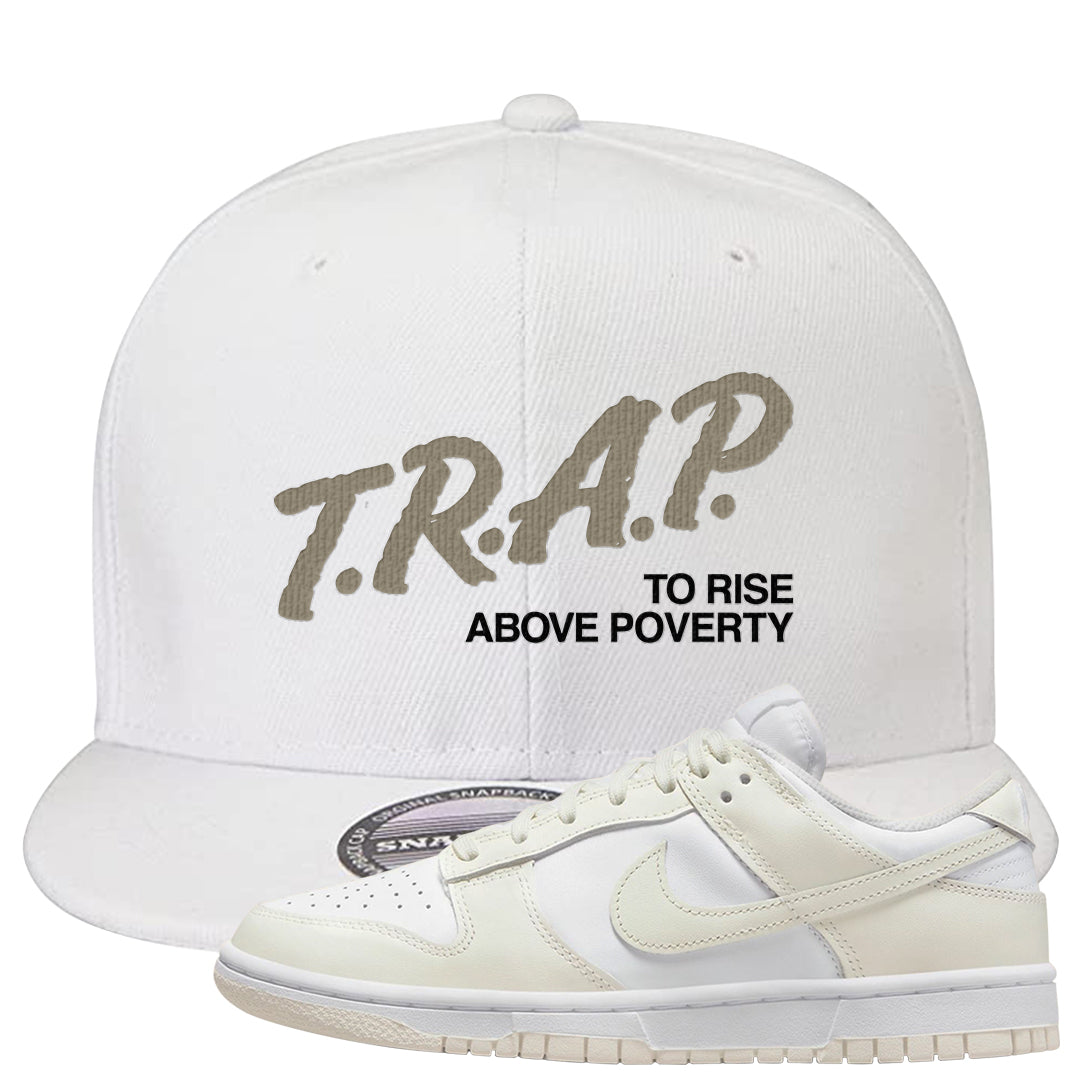 Coconut Milk Low Dunks Snapback Hat | Trap To Rise Above Poverty, White