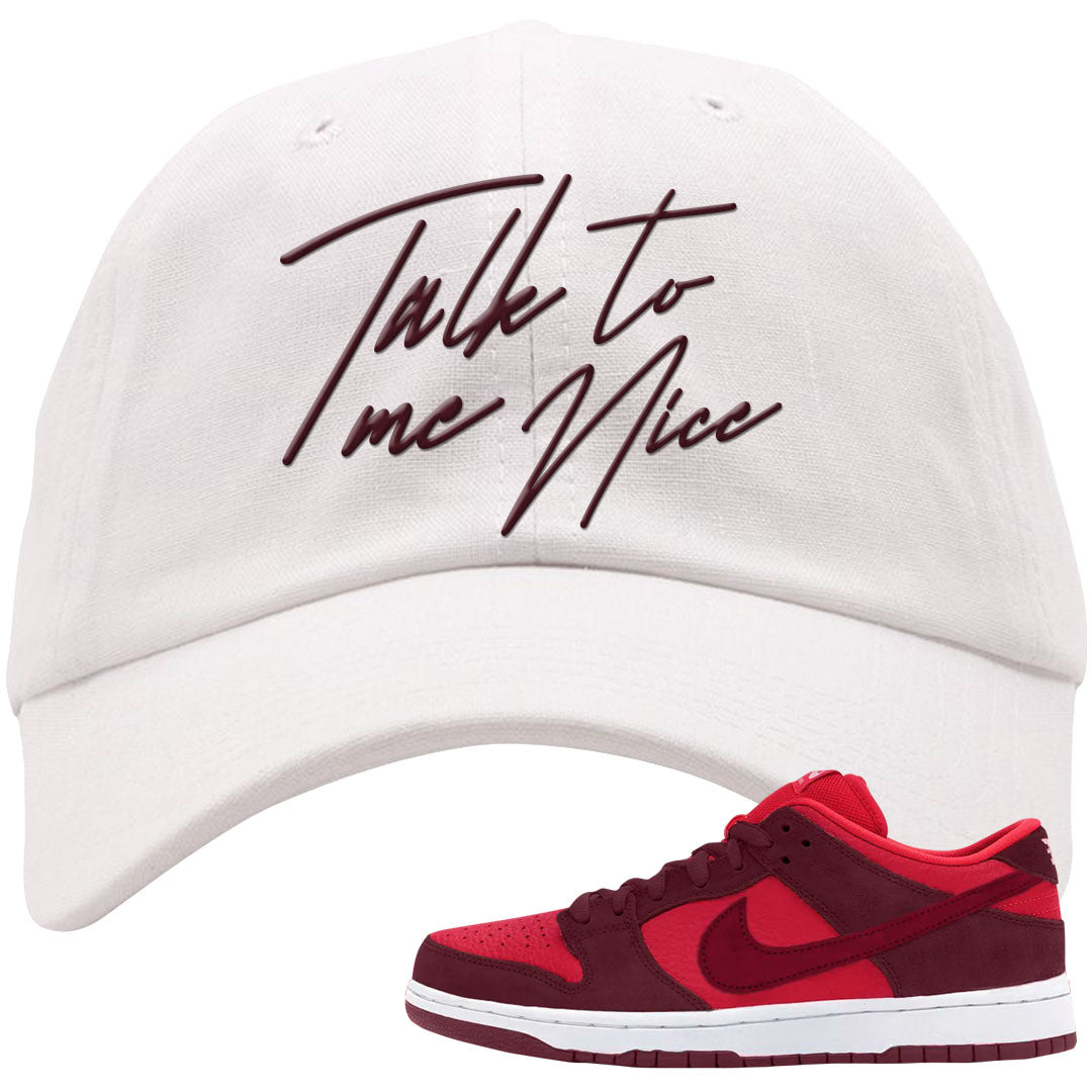 Cherry Low Dunks Dad Hat | Talk To Me Nice, White