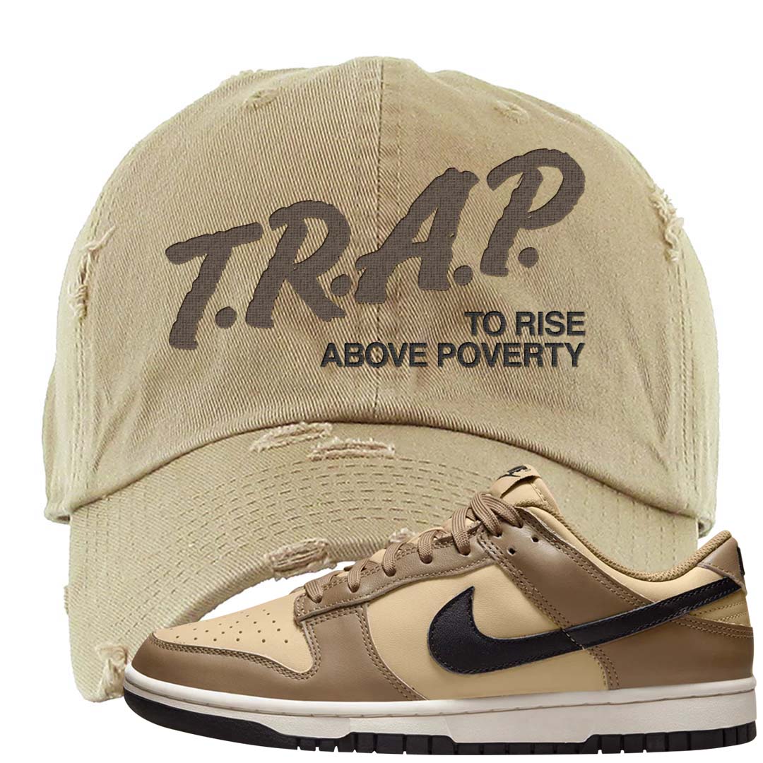 Dark Driftwood Low Dunks Distressed Dad Hat | Trap To Rise Above Poverty, Khaki