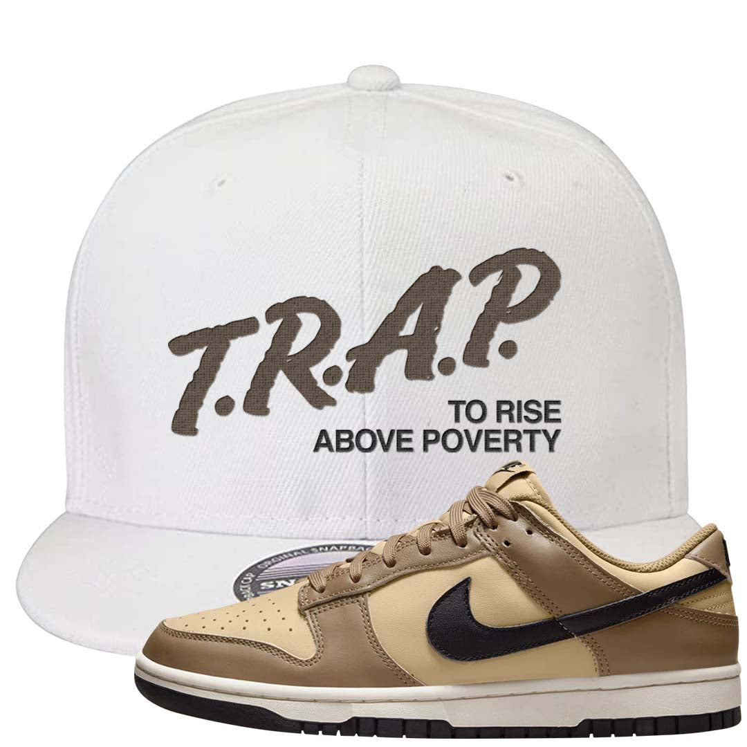 Dark Driftwood Low Dunks Snapback Hat | Trap To Rise Above Poverty, White