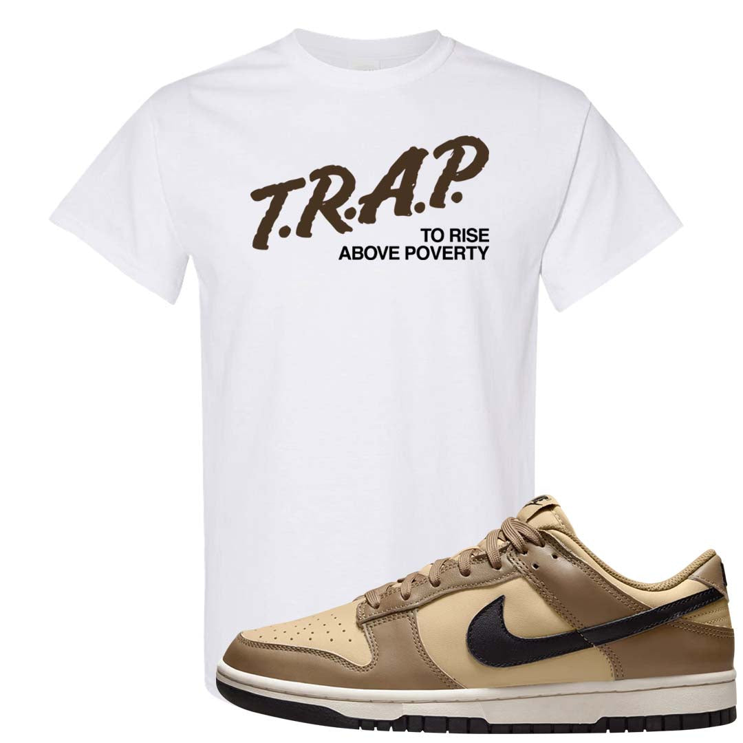 Dark Driftwood Low Dunks T Shirt | Trap To Rise Above Poverty, White