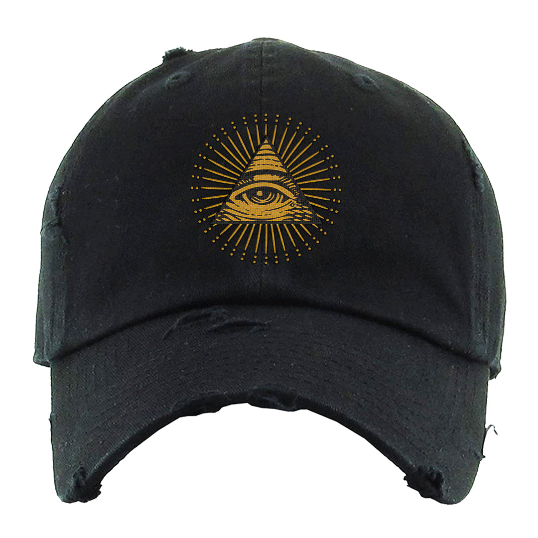 Gold Suede Low Dunks Distressed Dad Hat | All Seeing Eye, Black