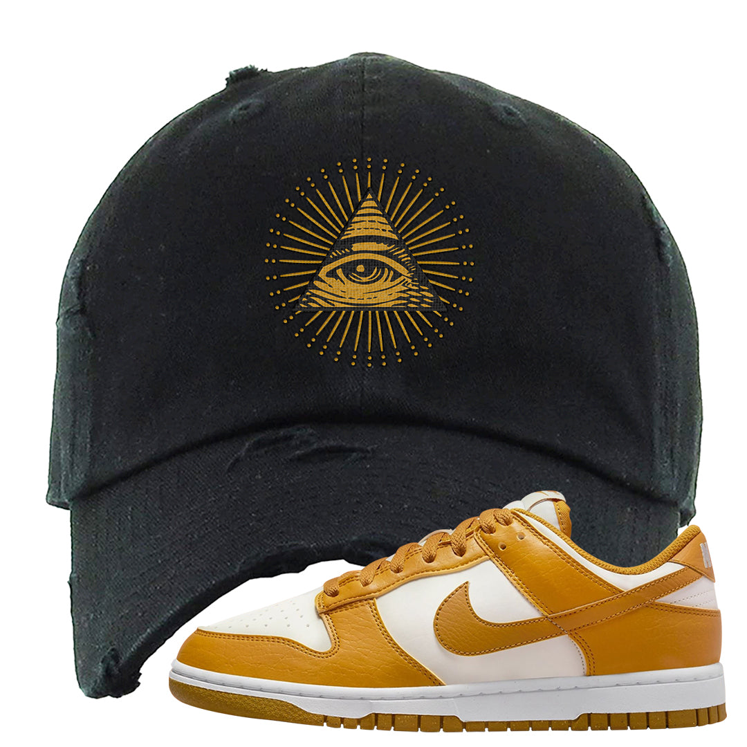 Gold Suede Low Dunks Distressed Dad Hat | All Seeing Eye, Black