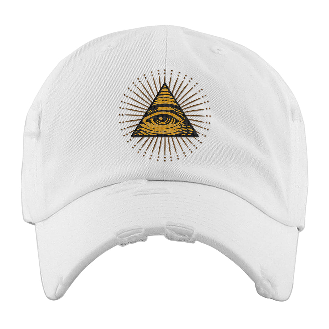 Gold Suede Low Dunks Distressed Dad Hat | All Seeing Eye, White