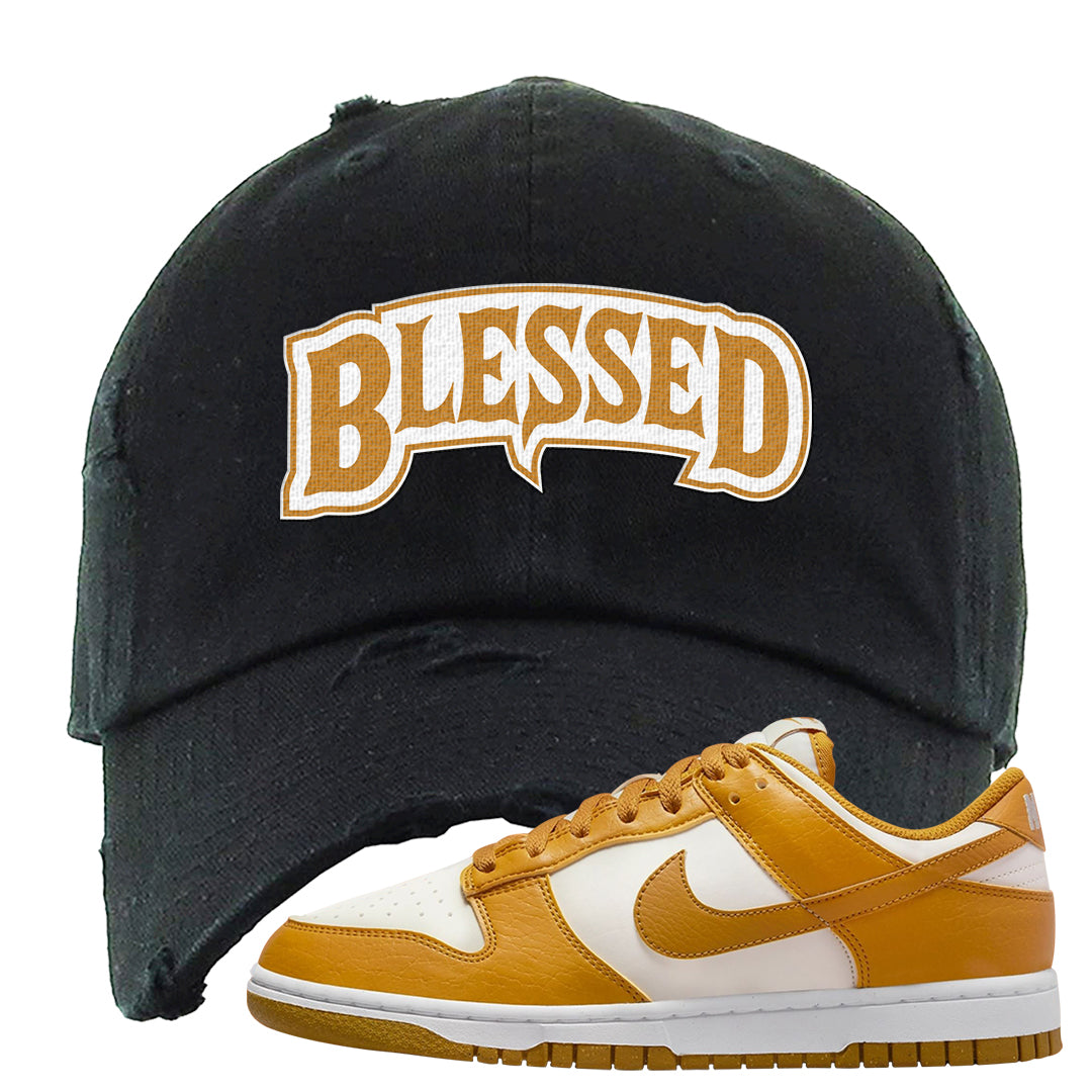 Gold Suede Low Dunks Distressed Dad Hat | Blessed Arch, Black